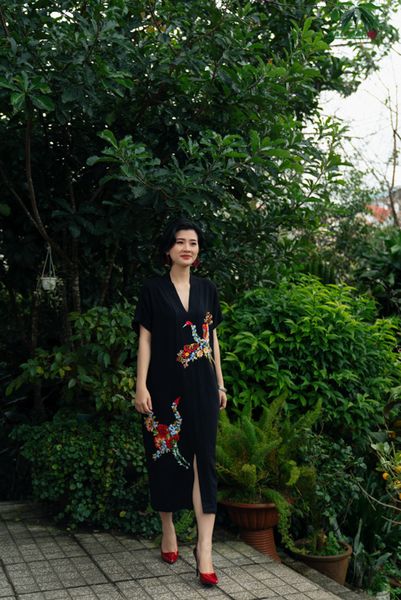  Đầm Yuna Đen hêu tay Đôi Hạc Đoàn Viên Kimono 