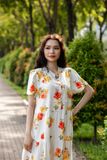  Đầm Boho Mao Linen kem hoa hồng maxi nhúng tầng 