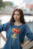  Đầm Mina denim thêu tay Hoa Hồng 