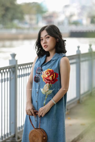  Đầm Kachia denim thêu tay Hoa Hồng 