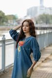  Đầm Mina denim thêu tay Hoa Hồng 