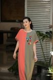  Đầm Tahera phối mảu Cam rêu thêu tay V Face Picasso 