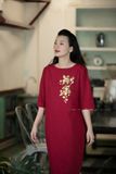  Đầm Viva đỏ linen thêu tay hoa Điệp vàng 