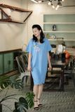  Đầm xanh biển thêu tay hoa phượng tím 