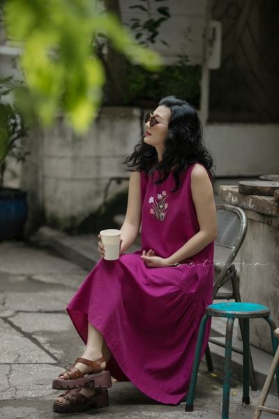  Đầm Remi Tím Cẩm thêu tay Hoa Huệ Mưa 