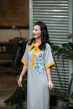  Đầm Lá La xám phối vàng thêu tay Tắc Kè Hoa 