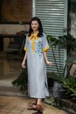  Đầm Lá La xám phối vàng thêu tay Tắc Kè Hoa 