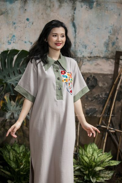  Đầm Lá La cafe phối rêu thêu tay F Face mặt hoa 
