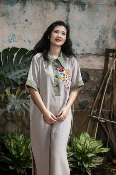  Đầm Lá La cafe phối rêu thêu tay F Face mặt hoa 