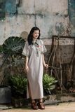  Đầm Lá La cafe phối rêu thêu tay F Face mặt hoa 