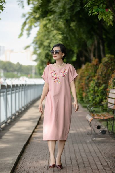  Đầm cocoon Hồng pastel thêu tay hoa sim 