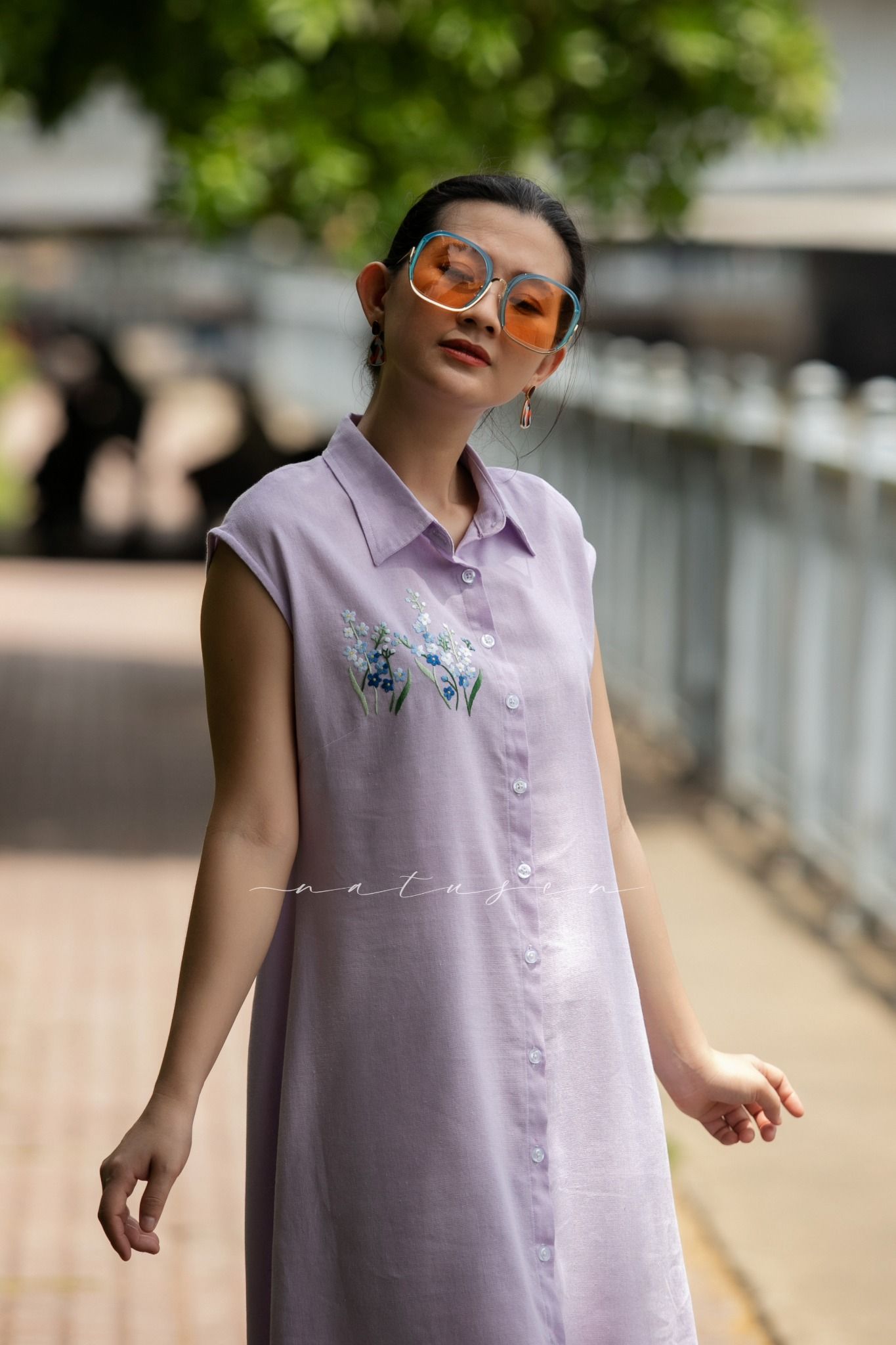  Đầm chemise hoa cà linen thêu tay Forget Me Not 