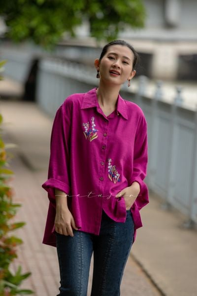  Áo chemise Hồng Tím thêu tay Forget Me Not 