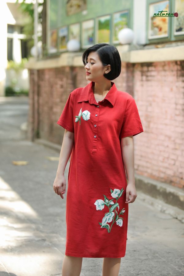  Đầm thêu tay chemise trụ Cam Gạch Hoa Trà 