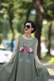  Đầm MiDo xanh đậu linen thêu tay Hồng Hạc 