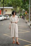  Đầm linen yarndyed sọc dọc kem beige 