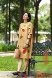  Đầm Mon linen vàng mustard thêu tay lá bàng 