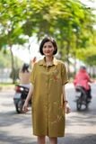  Đầm thêu tay Mai hạc vàng oliu chemise linen 