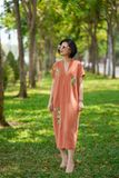  Đầm thêu tay Cúc tana cổ kimono màu Cam đất 