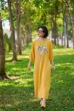  Đầm Sara Vàng Mustard linen bamboo thêu tay Bằng Lăng Tím 