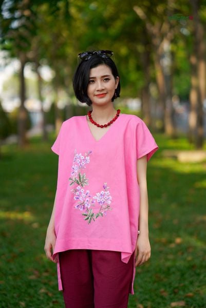  Áo linen thêu thủ công Phượng tím Hồng Sen 