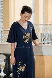  Đầm Monica Xanh Đen linen thêu tay Cúc Viên Mỹ 