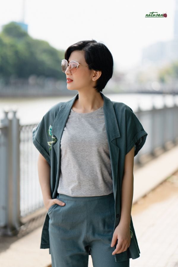  Quần tây túm ống linen Xám xanh 