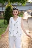  Áo linen trắng Ren thêu cổ tim 