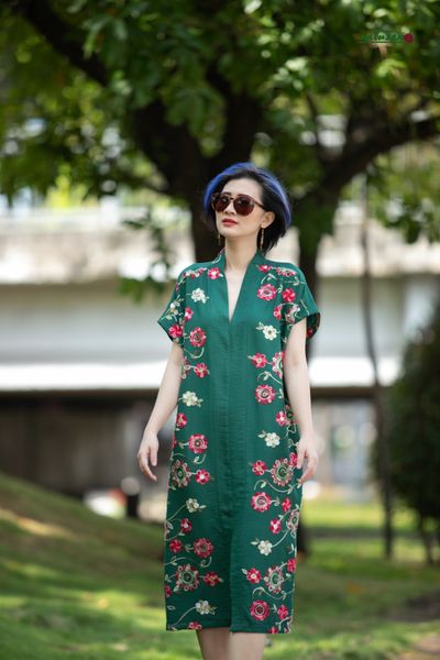  Đầm Xanh ren thêu kimono 