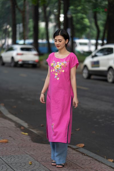  Tunic cổ thuyền Hồng Sen thêu Alice Posy 