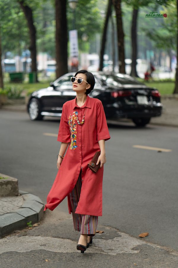  Áo Tunic thêu tay  Xuân Bình chemise Cam San Hô 