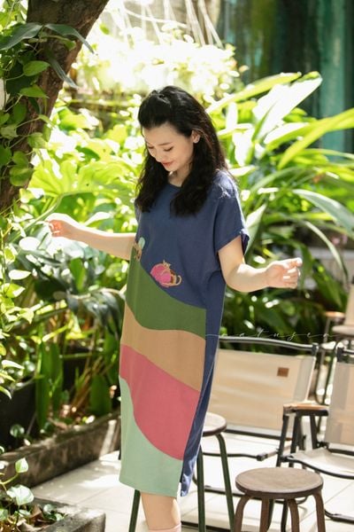  Đầm linen colorblock Pastel thêu tay Mèo Cuộn Len 
