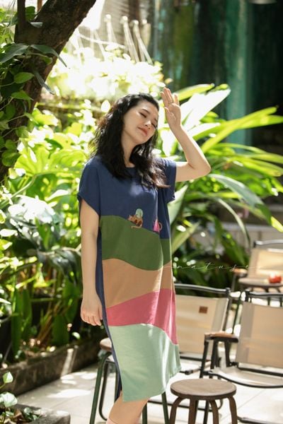  Đầm linen colorblock Pastel thêu tay Mèo Cuộn Len 