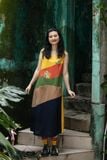  Đầm colorblock linen phối màu SAFARI thêu tay Xương Rồng Mini cổ tim 