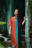  Đầm ColorBlock Safari thêu tay Hươu Đôi tay ngắn phối dọc 