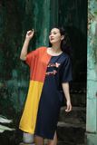  Đầm phối màu ColorBlock Safari thêu tay Hươu Đôi tay liền 