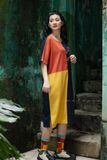 Đầm phối màu ColorBlock Safari thêu tay Hươu Đôi tay liền 