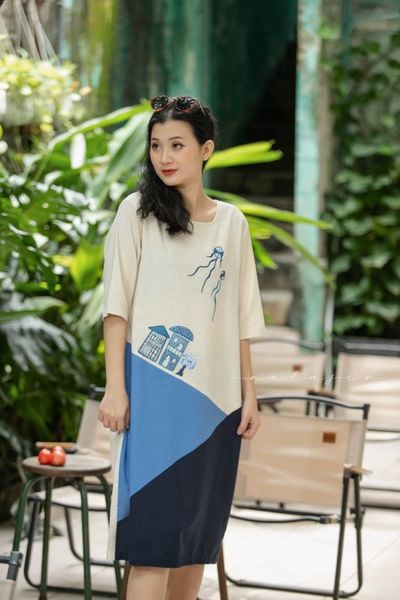  Đầm ColorBlock Mono Xanh thêu tay nhà diều 