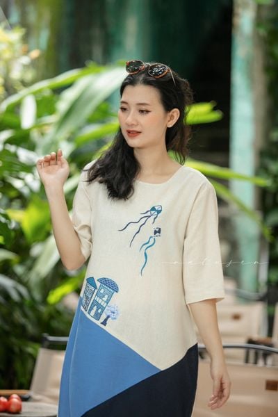  Đầm ColorBlock Mono Xanh thêu tay nhà diều 