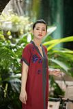  Đầm Yuna đỏ mận cổ xám thêu tay Cúc Viên Mỹ 