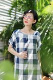  Đầm Caro vuông Xanh Trắng linen đũi 