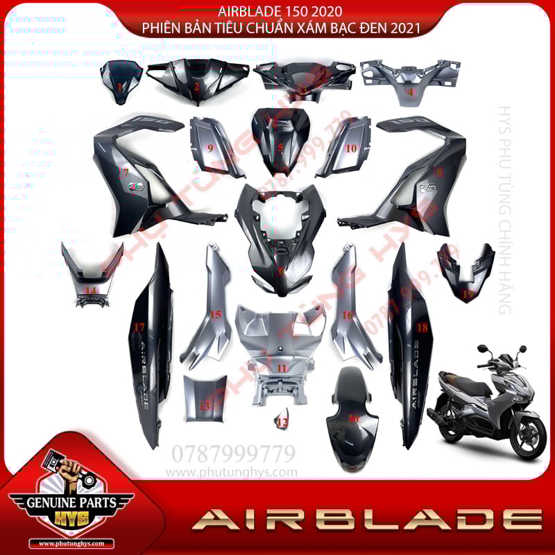 DÀN ÁO AB AIRBLADE 150 (2020) PHIÊN BẢN TIÊU CHUẨN XÁM BẠC ĐEN 2021