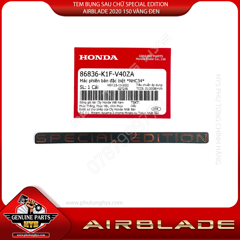 TEM BỤNG SAU CHỮ SPECIAL EDITION AIRBLADE 2020 150 VÀNG ĐEN