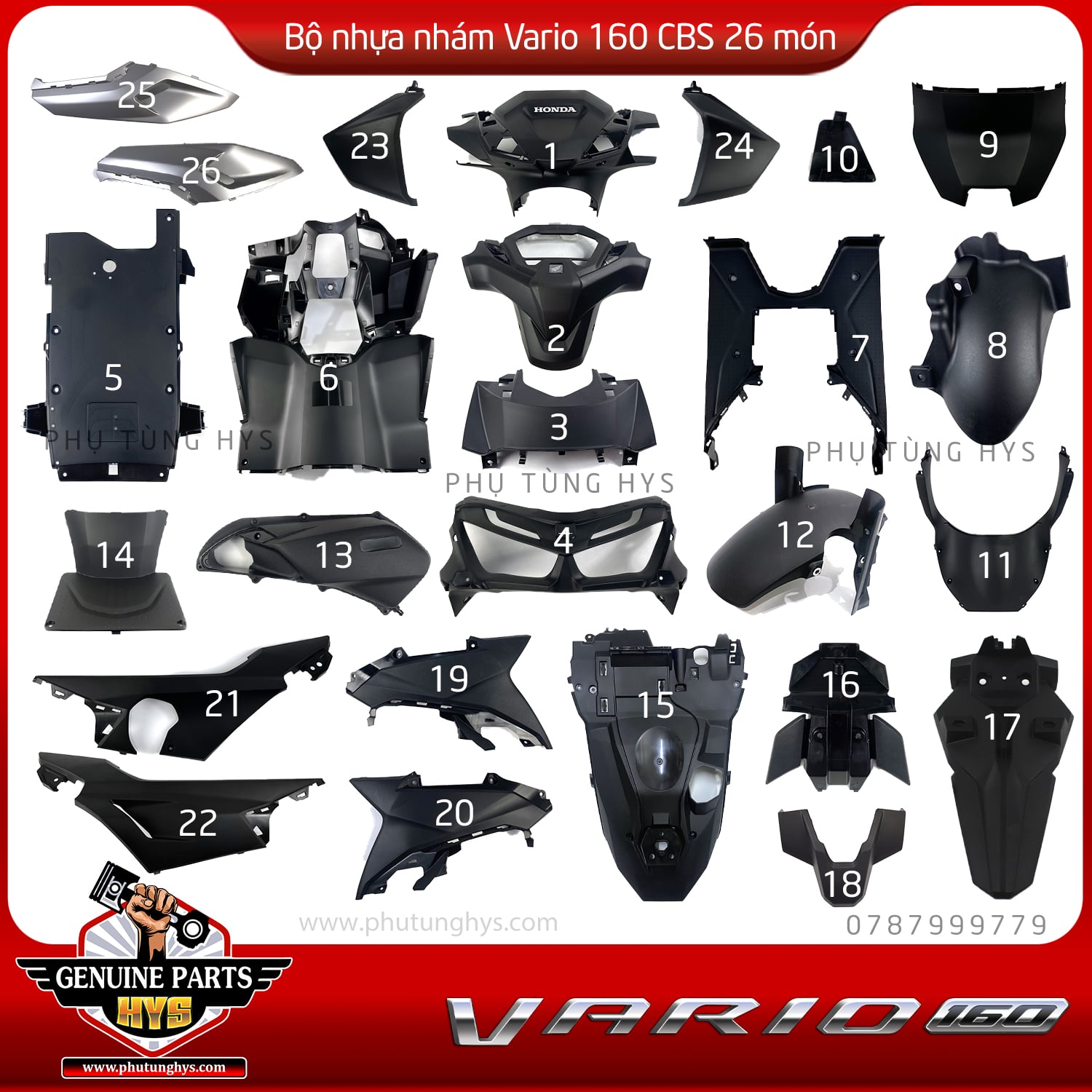 BỘ NHỰA NHÁM VARIO 160 CLICK 160 BẢN CBS (26 MÓN)