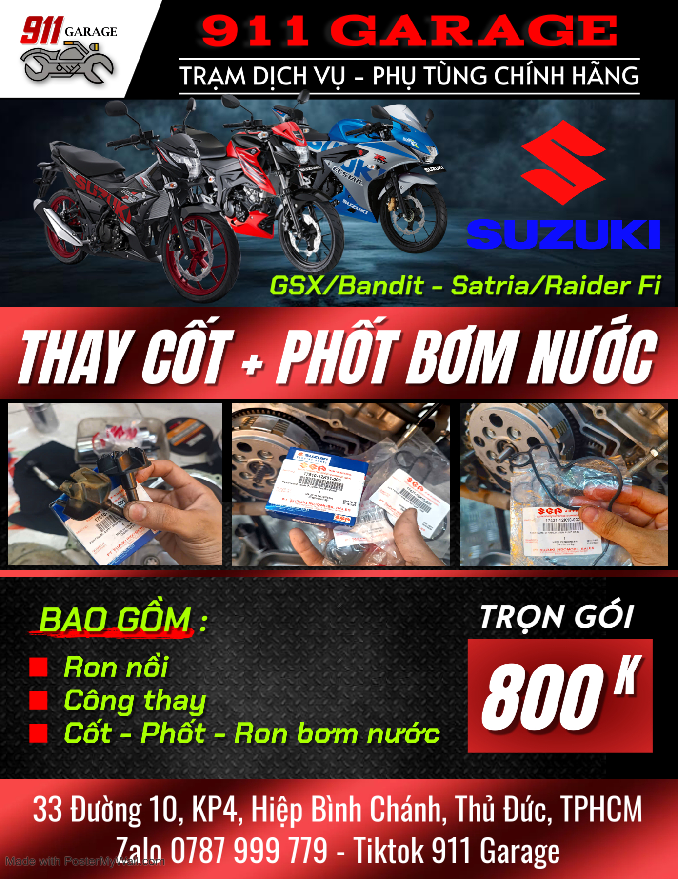 THAY CỐT VÀ PHỐT BƠM NƯỚC GSX/BANDIT - SATRIA/RAIDER FI