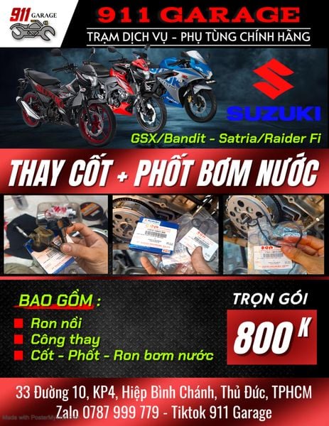THAY CỐT VÀ PHỐT BƠM NƯỚC GSX/BANDIT - SATRIA/RAIDER FI