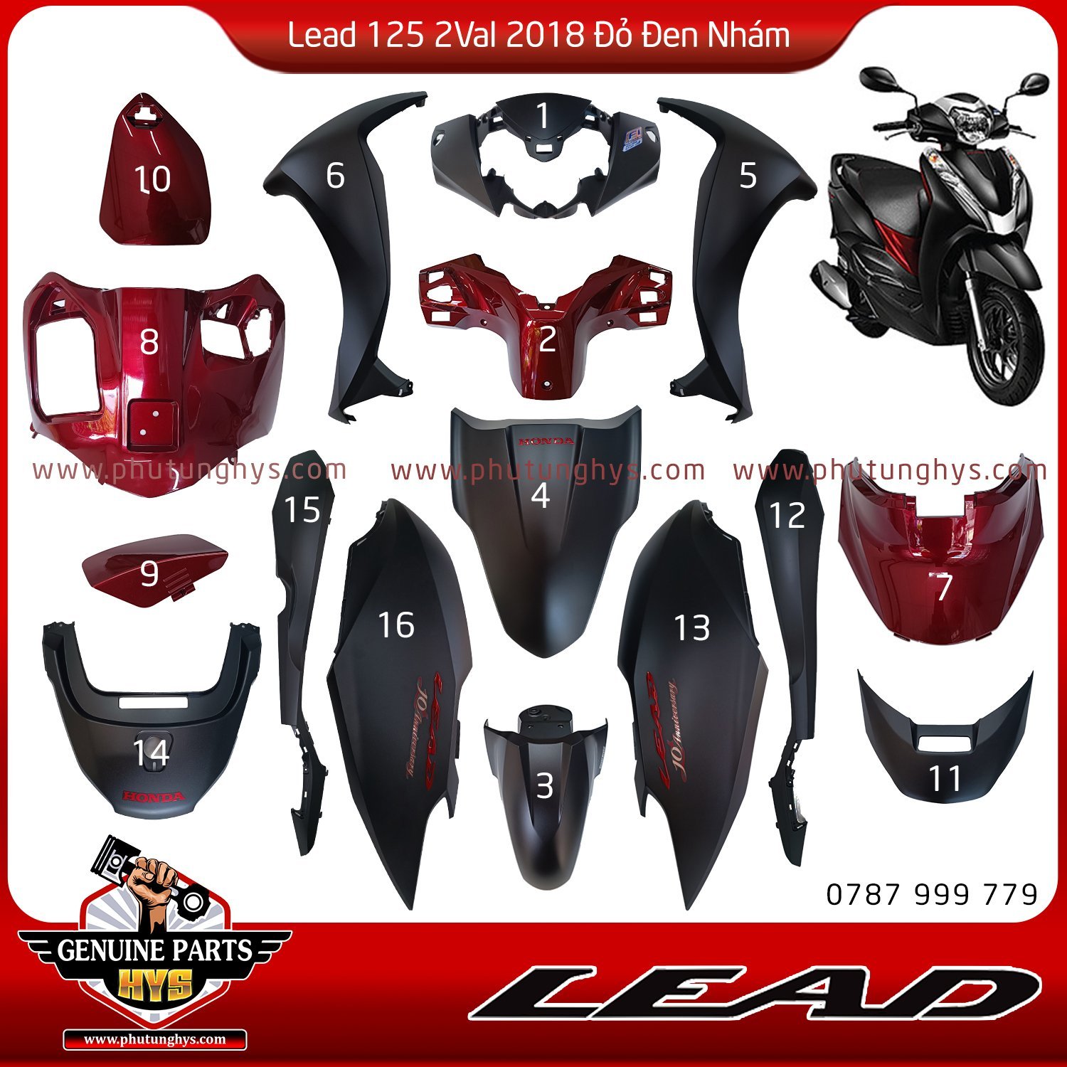 DÀN ÁO LEAD 125 2VAL ĐỎ ĐEN NHÁM KỈ NIỆM 10 NĂM (2018 - 2022) 16 MÓN