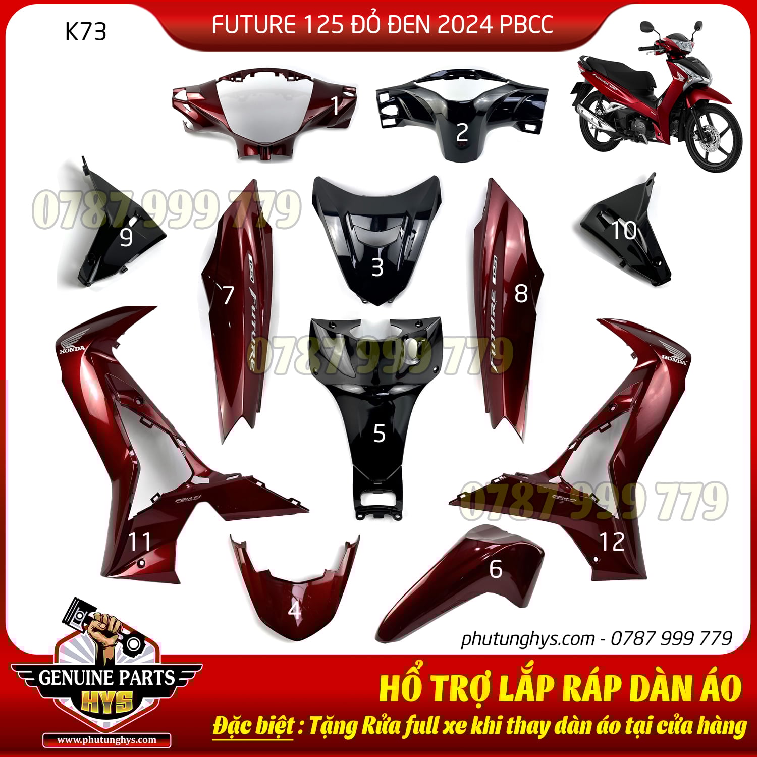 DÀN ÁO FUTURE 125 ĐỎ ĐEN 2024 PHIÊN BẢN CAO CẤP (12 MÓN)