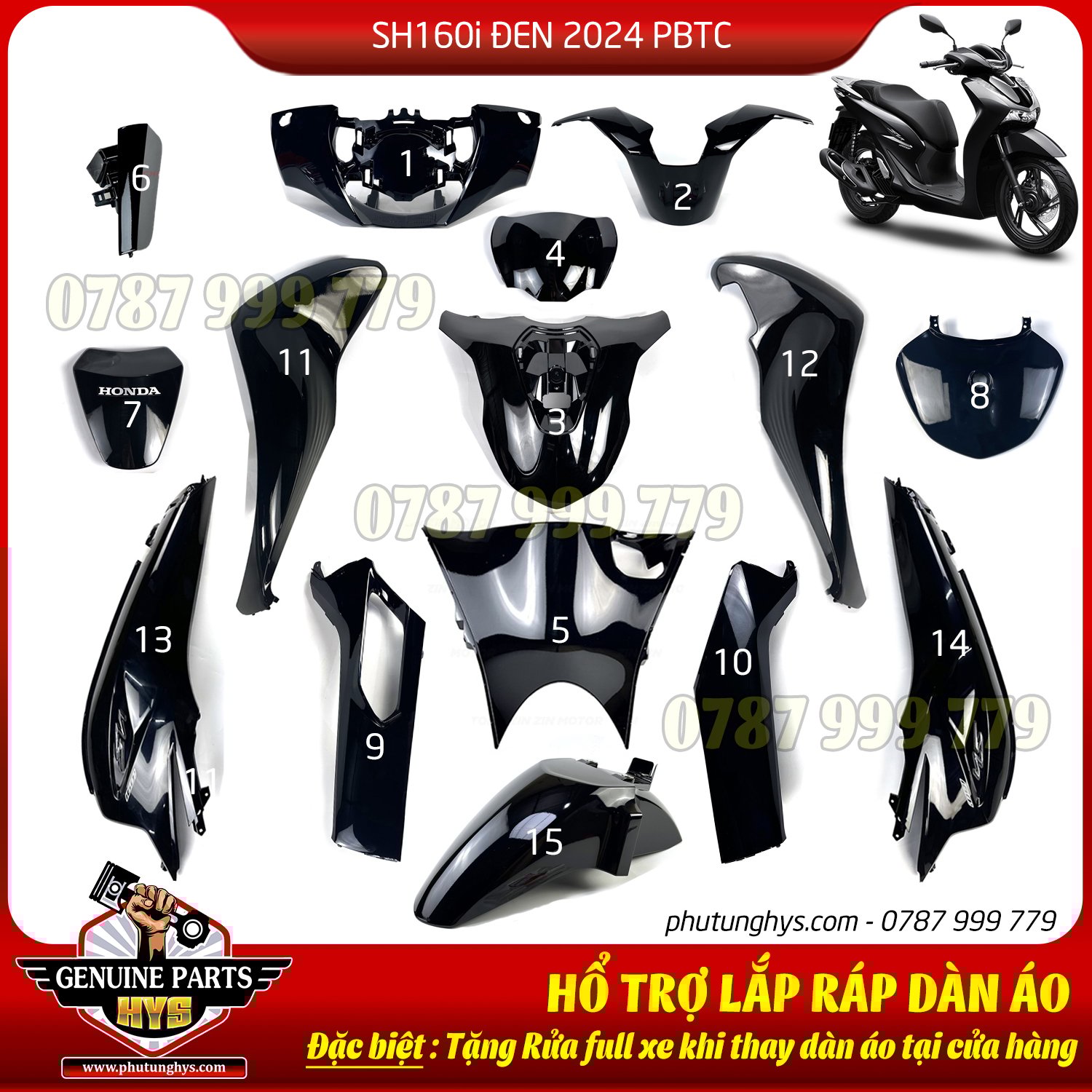 DÀN ÁO SH160i ĐEN 2024 PHIÊN BẢN TIÊU CHUẨN 15 MÓN