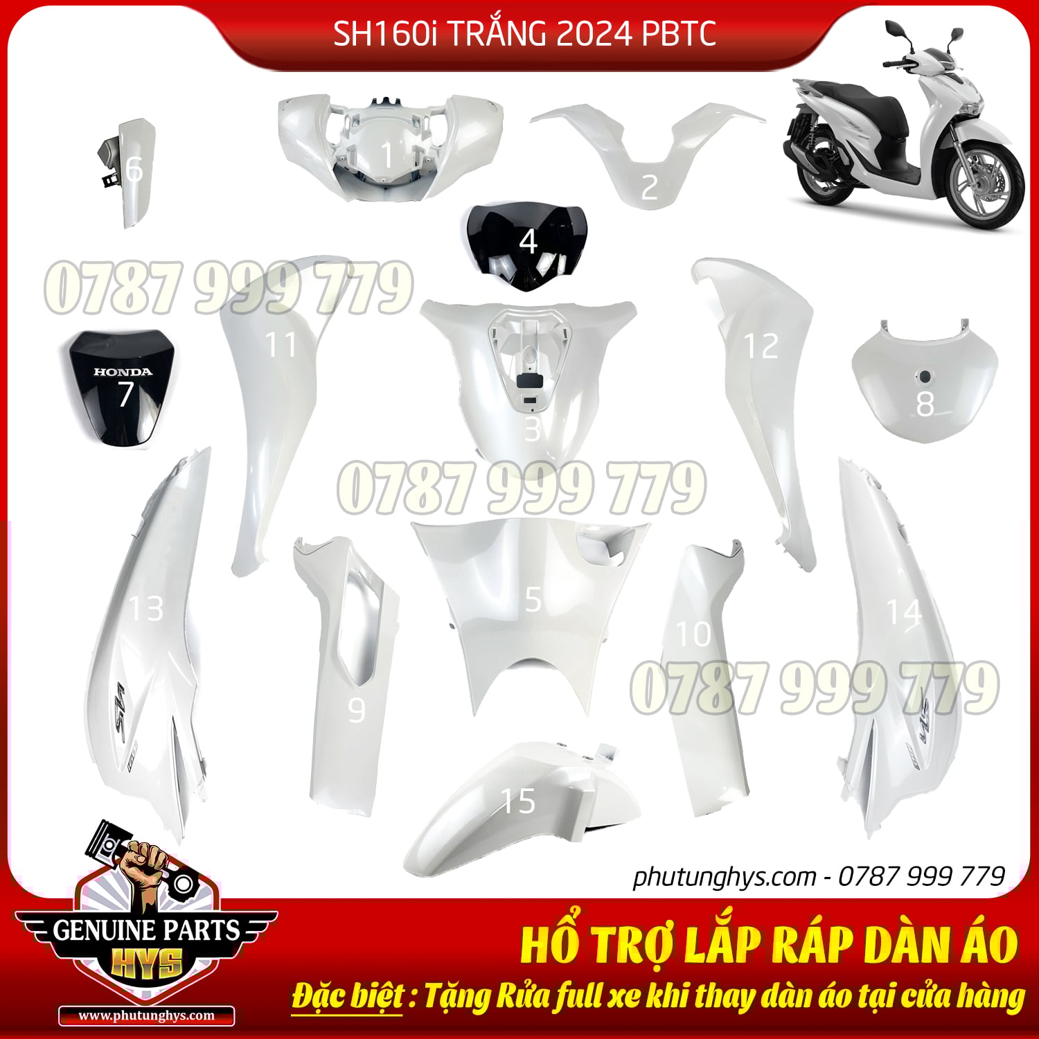 DÀN ÁO SH160i TRẮNG 2024 PHIÊN BẢN TIÊU CHUẨN 15 MÓN